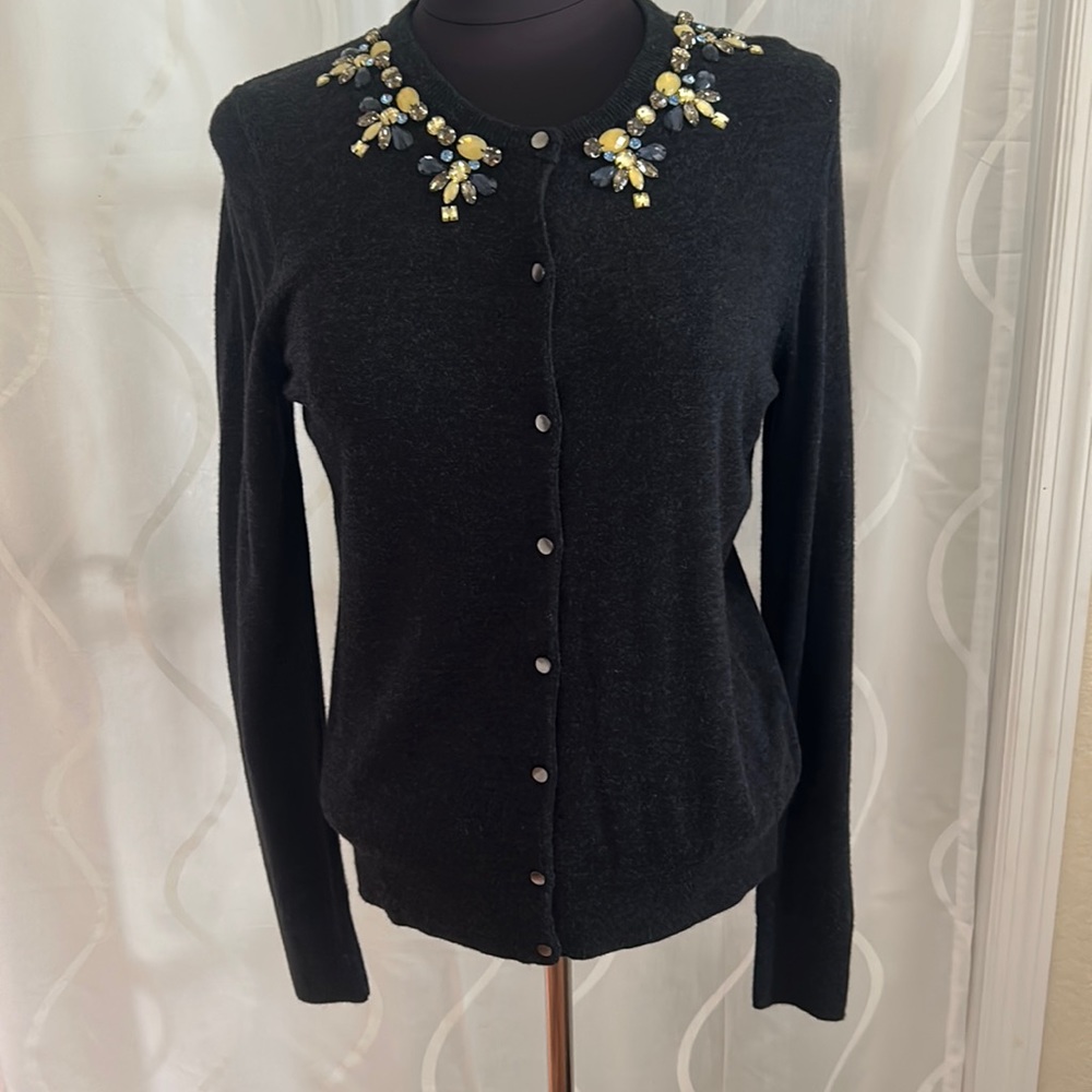 Ann Taylor, Dark Gray, Wool Blend, Bling Studded, Button Down Cardigan, Medium